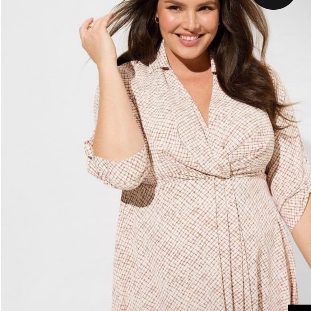 Torrid Cream Plaid Long Sleeve Dress